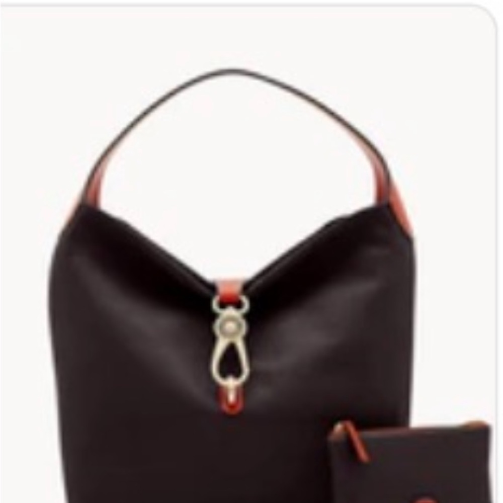 Dooney and bourke lock logo bag in black with pouch and keychain.